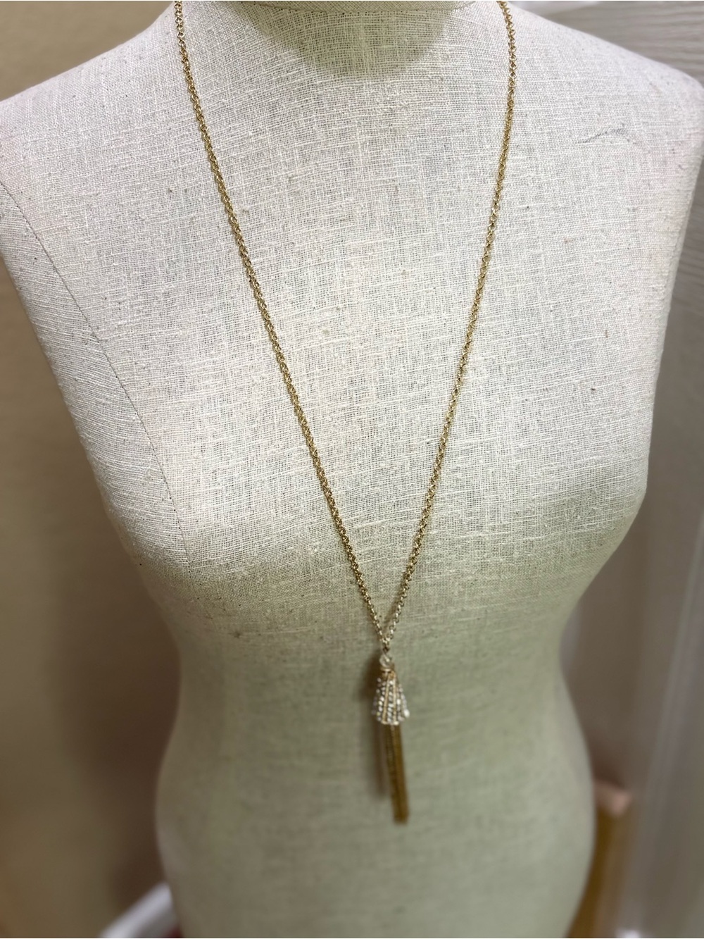Gold Tone Rhinestone Tassel Necklace Long Chain Vintage Style Statement